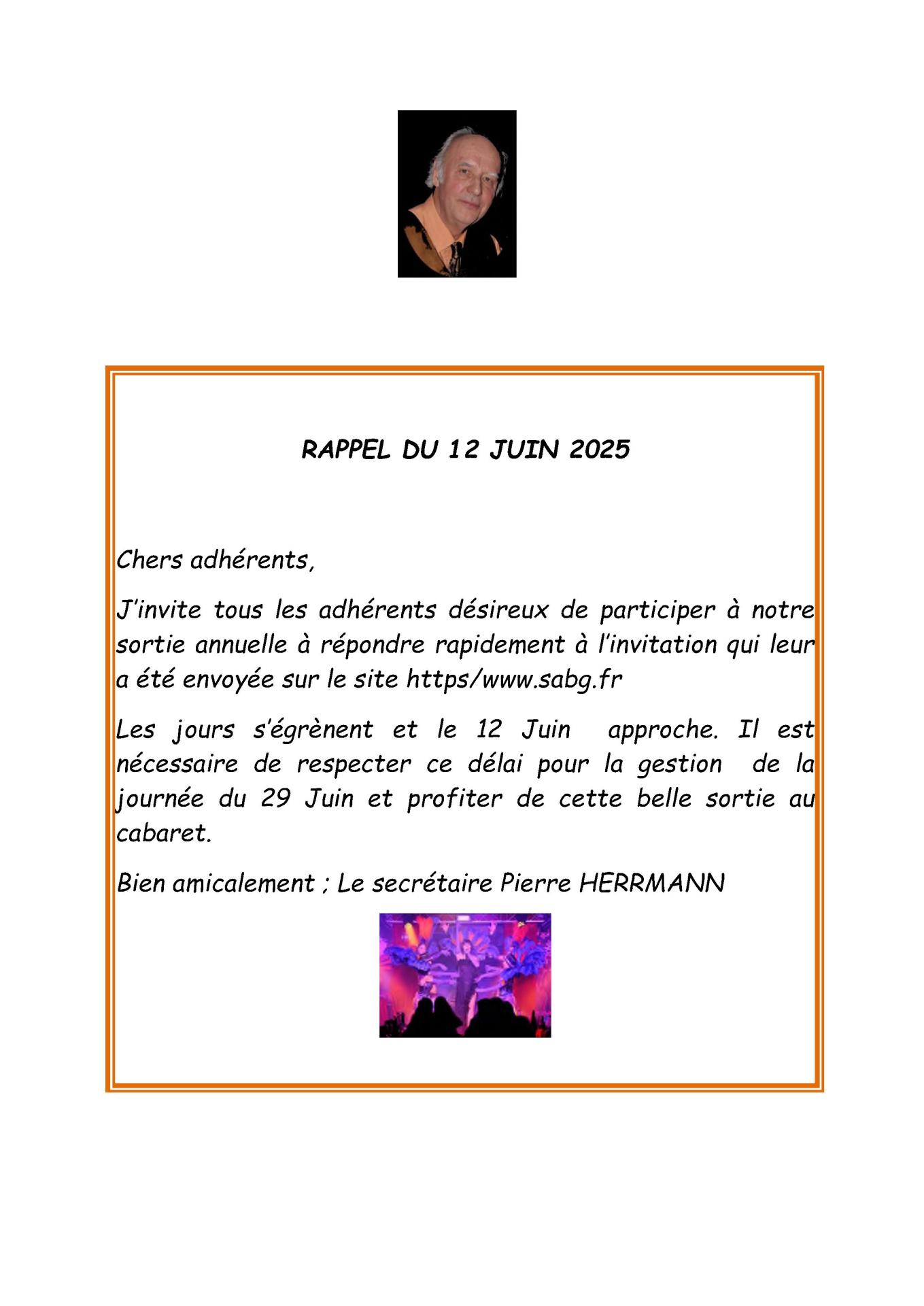 Rappel sortie du 12 juin 2025