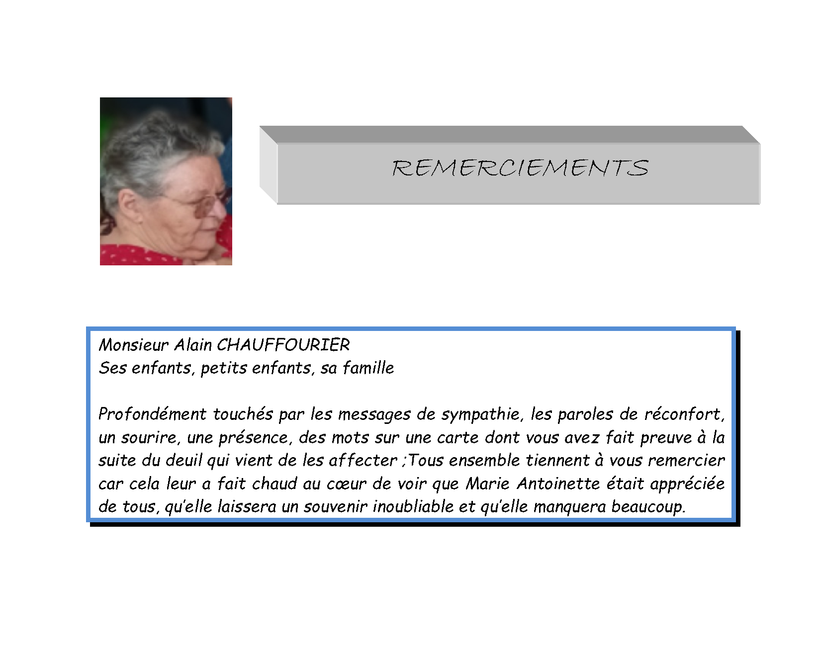 Remerciements suite aux obseques de marie antoinette